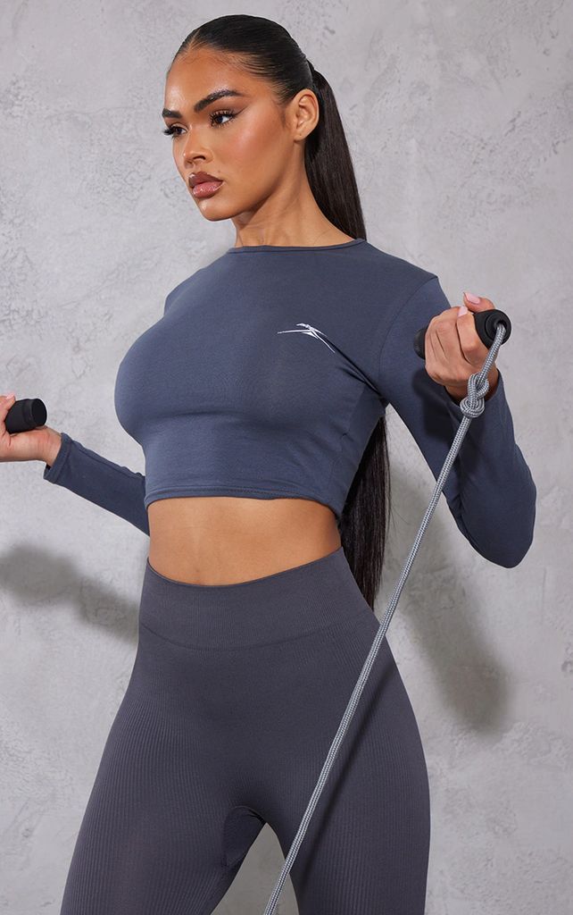 Charcoal Sport Long Sleeve Sports Crop Top, Grey