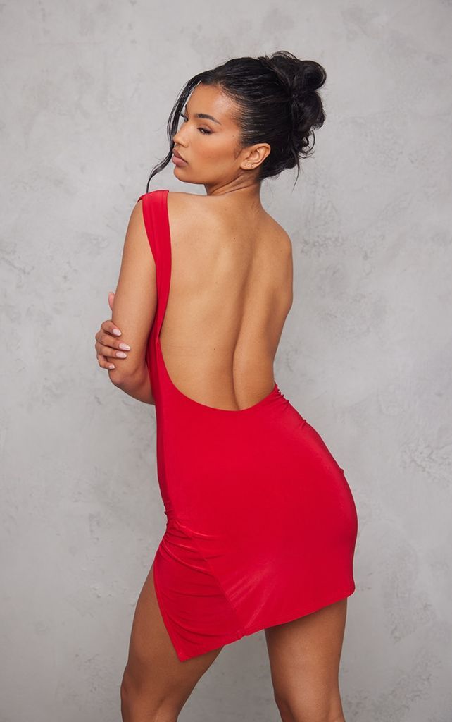 Red Slinky Cowl Wrap Detail Backless Bodycon Dress, Red