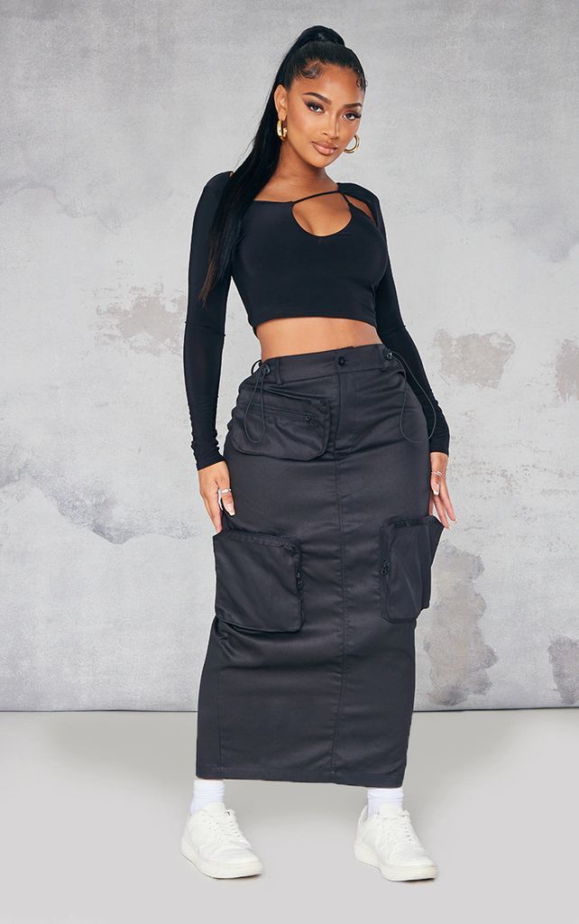 Shape Black Pocket Detail Cargo Midaxi Skirt, Black