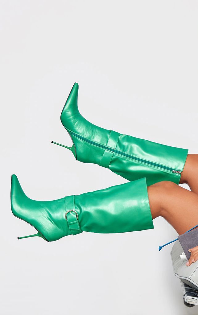 Green Pu Point Toe Buckle Detail High Heeled Boots