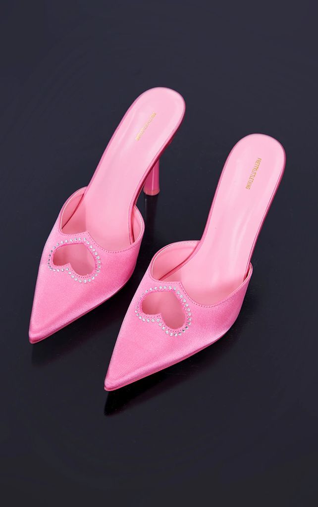 Bright Pink Satin Point Toe Diamante Heart Cut Out High Stiletto Heeled Courts