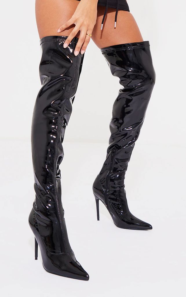 Black Pu Patent Over The Knee High Stiletto Boots