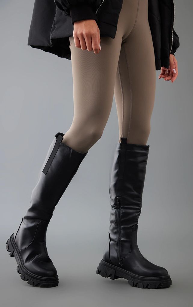Black Pu Chunky Sole Pull On Knee Boots
