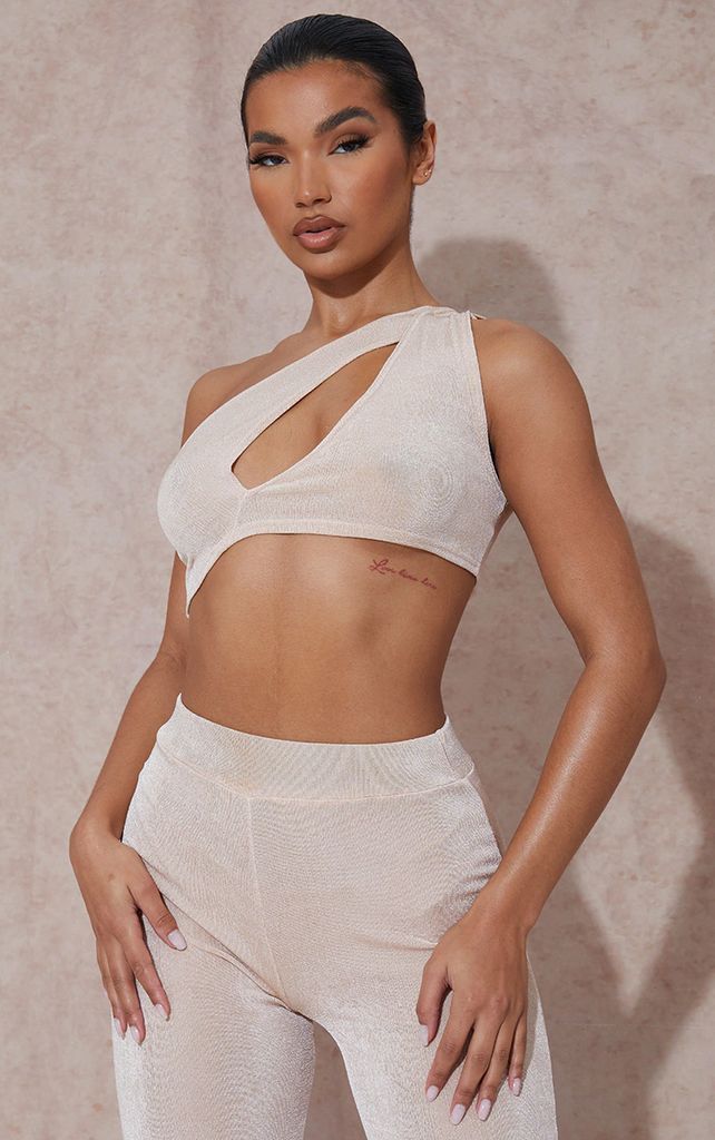Almond Acetate Slinky Cut Out One Shoulder Crop Top