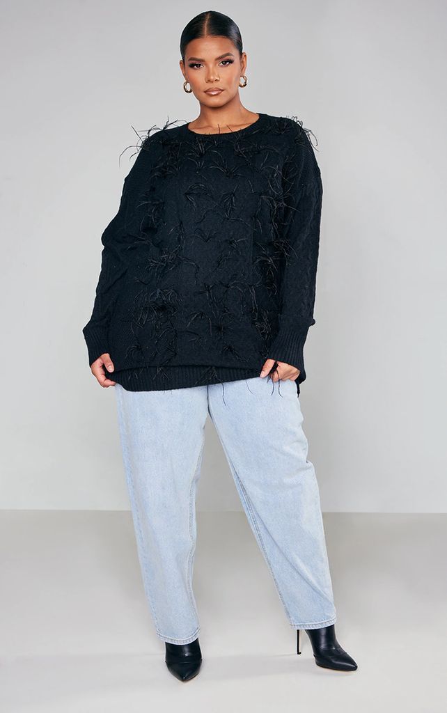 Plus Black Feather Knitted Oversized Jumper, Black