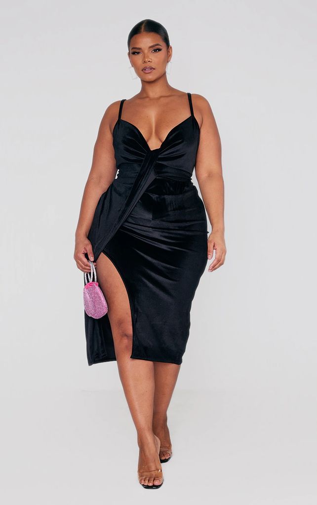 Plus Black Velvet Drape Wrap Detail Midi Dress, Black
