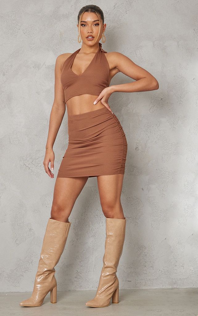 Chocolate Rib Ruched Side Mini Skirt