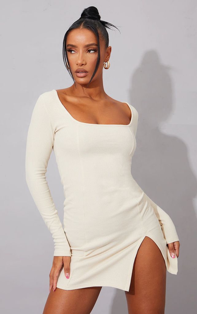 Cream Rib Split Hem Square Neck Long Sleeve Bodycon Dress, White