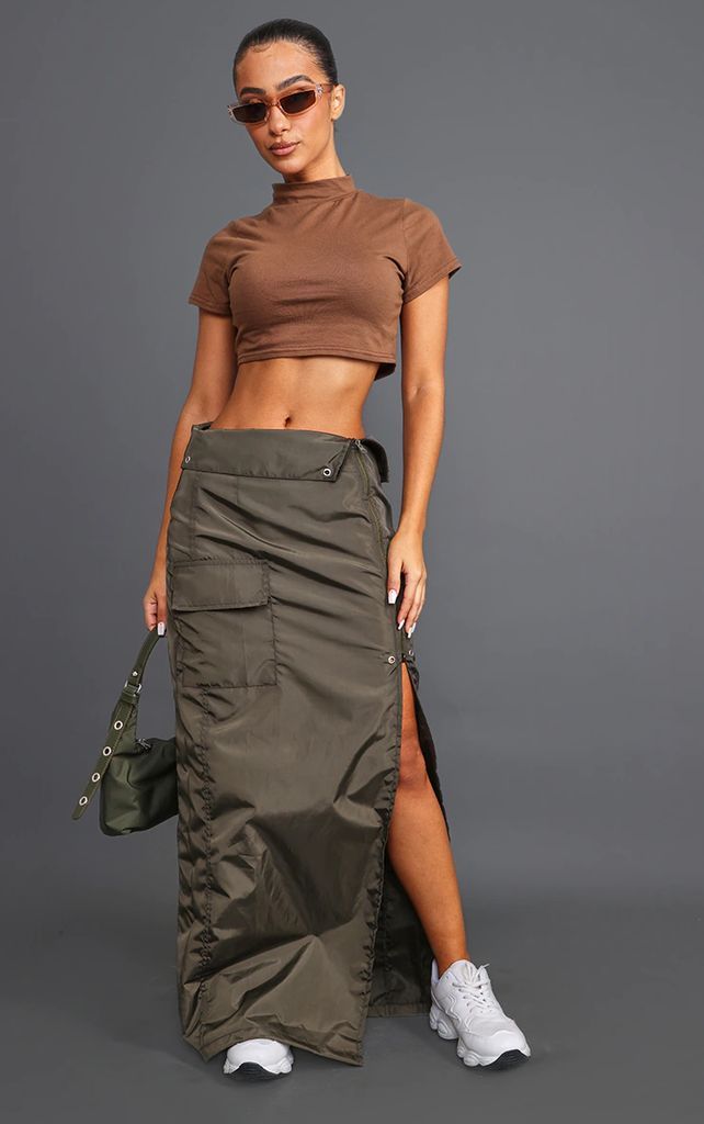 Petite Khaki Cargo Fold Over Waistband Midaxi Skirt, Green