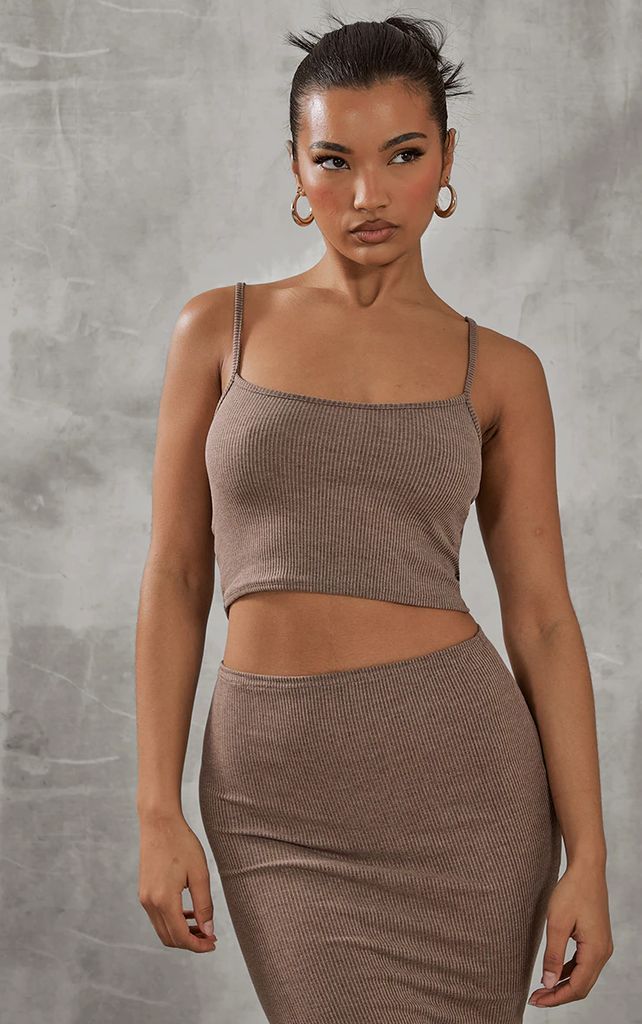 Brown Two Tone Micro Rib Strappy Cropped Cami Top, Brown