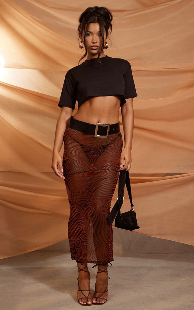 Brown Swirl Printed Devore Mesh Sheer Low Rise Midaxi Skirt