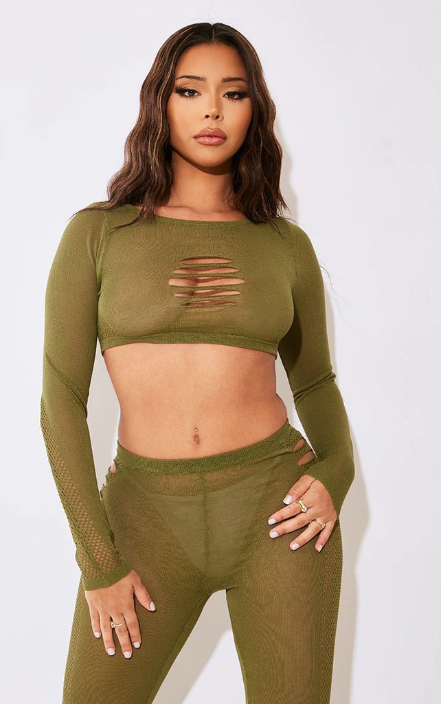 Khaki Sheer Knit Distressed Cropped Long Sleeve Top