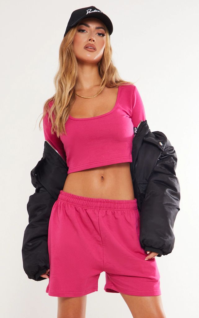 Bright Pink Badge Cotton Long Sleeve Crop Top
