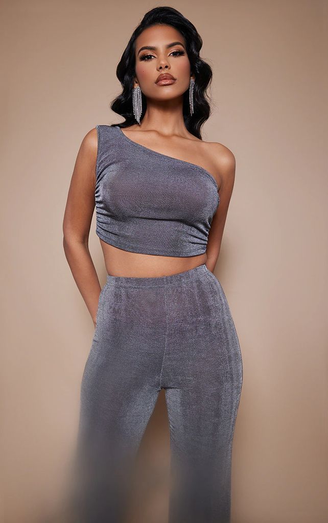 Charcoal Acetate Slinky One Shoulder Ruched Top