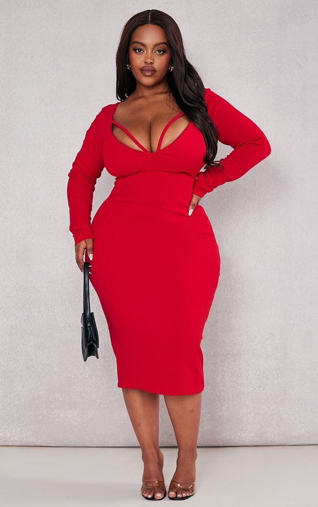 Plus Red Strap Detail Long Sleeve Midi Dress, Red