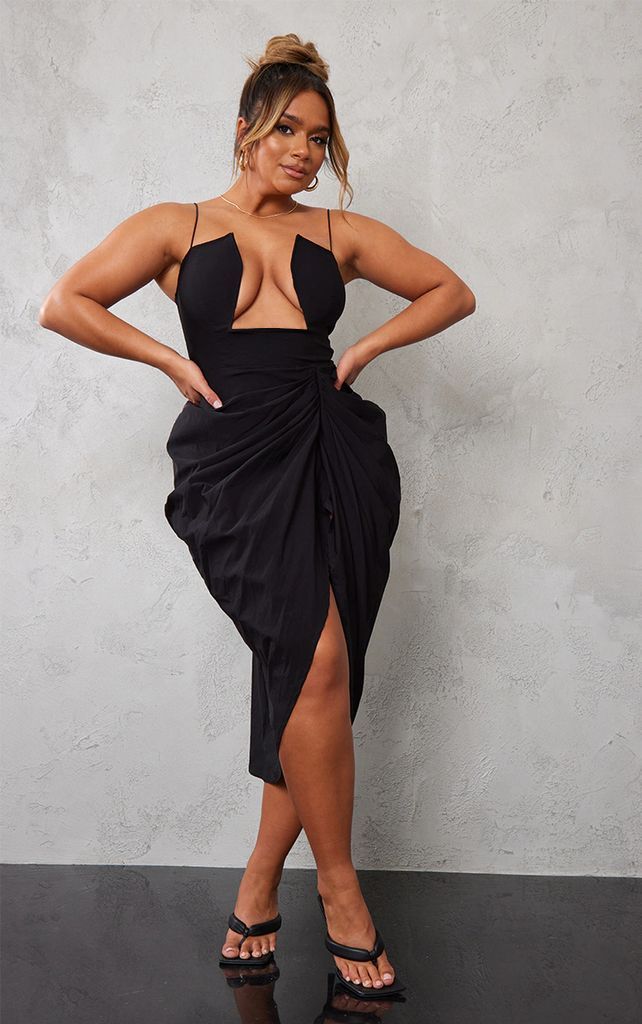 Shape Black Woven Cut Out Detail Ruched Midi Dress, Black