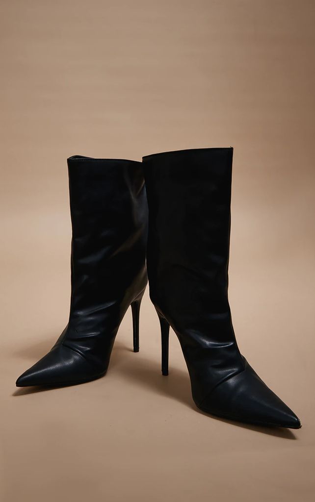 Black Matte Pu Ankle High Heeled Boots