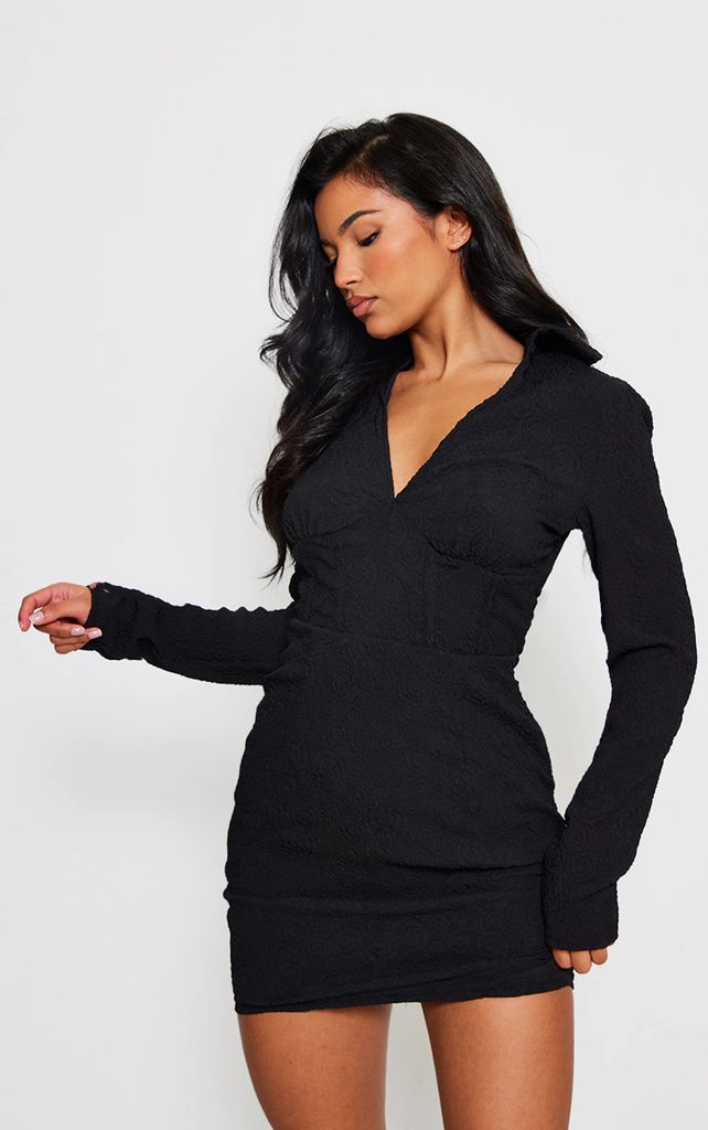 Black Textured Corset Detail Shirt Style Dress, Black