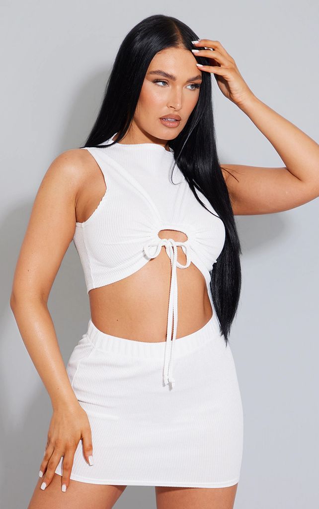 White Crinkle Rib Ring Cut Out Detail Gathered Crop Top