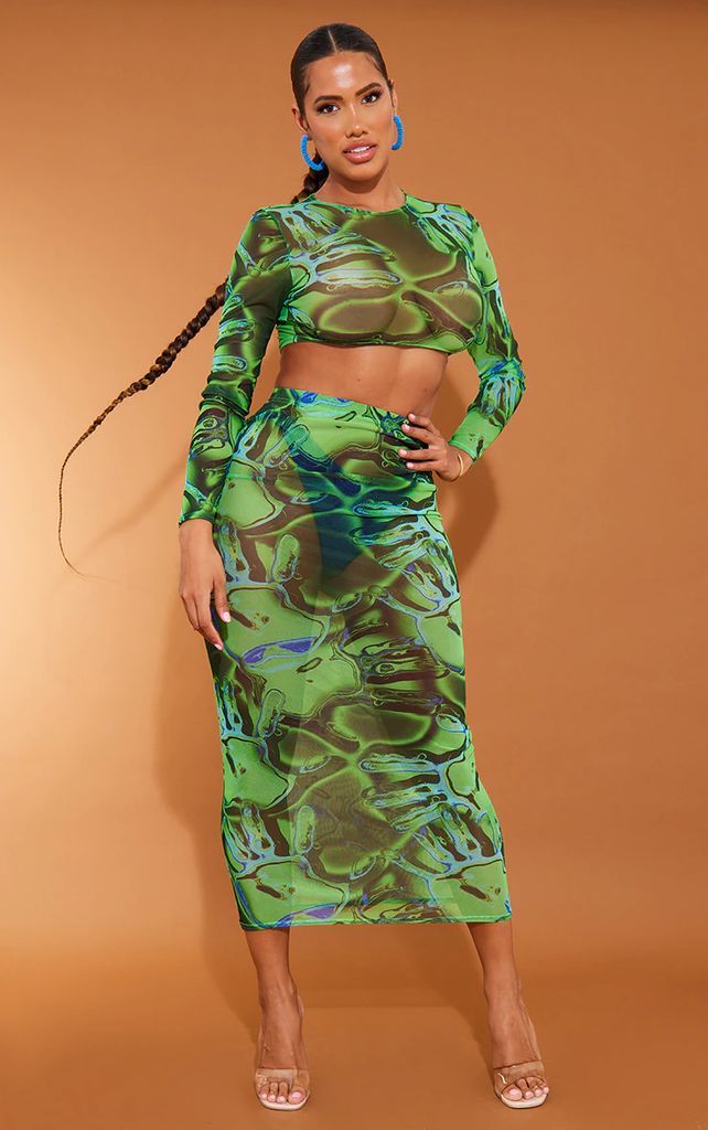 Shape Green Hand Print Sheer Mesh Midaxi Skirt