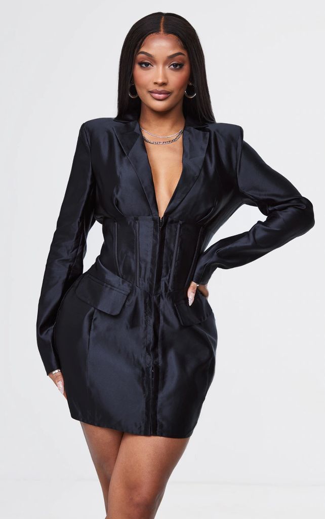 Shape Black Satin Corset Detail Blazer Dress, Black