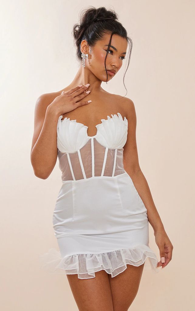 White Shell Frill Cup Detail Corset Bodycon Dress, White