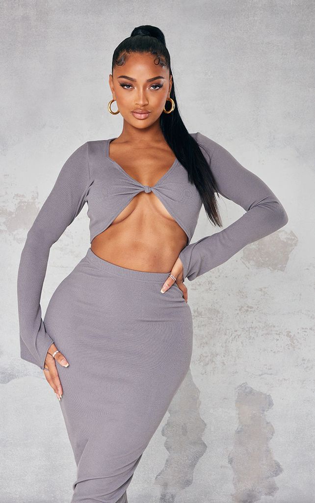Shape Charcoal Soft Rib Knot Front Long Sleeve Crop Top