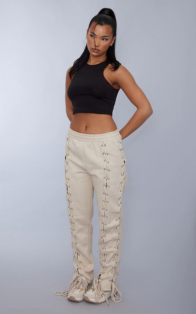 Stone Lace Up Side Detail Oversized Joggers, White