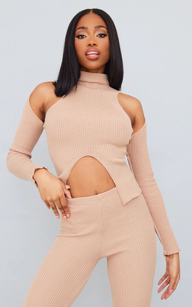 Tall Oatmeal Knitted Top With Cut Out Sleeves
