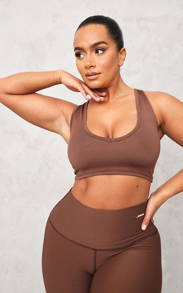 Shape Chocolate Brown Brushed Cotton Plunge Active Crop Top