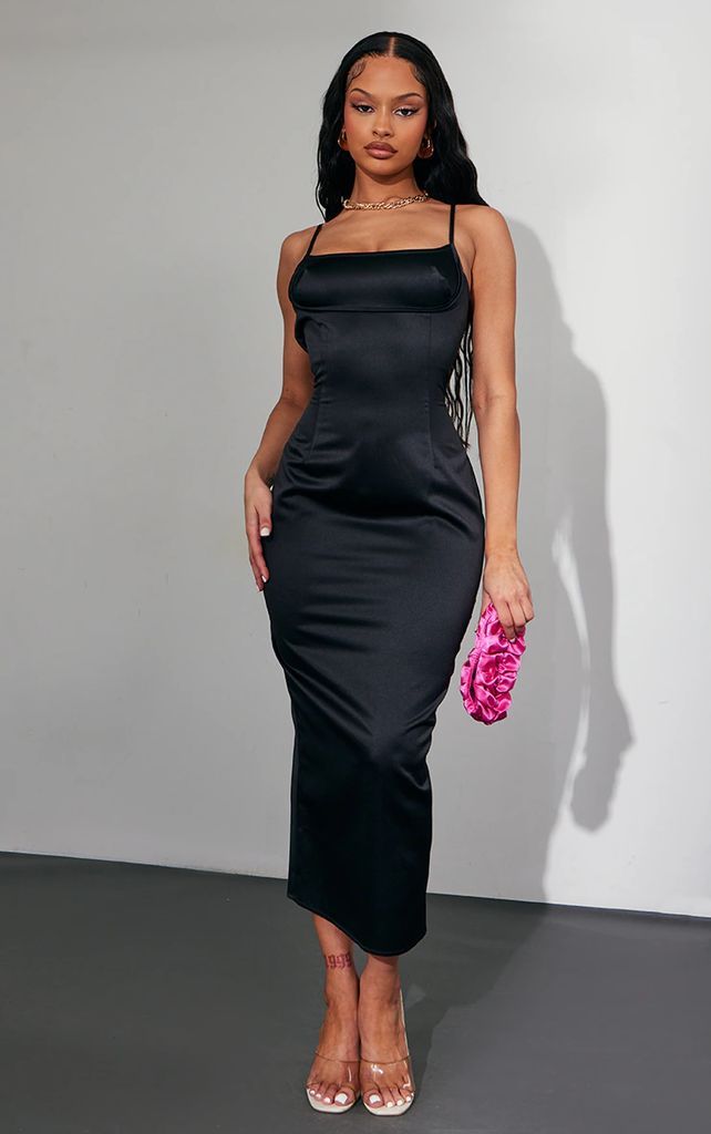 Black Satin Contrast Underbust Detail Midi Dress, Black
