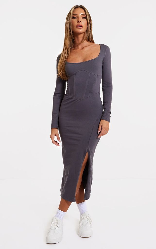 Charcoal Cotton Corset Seam Long Sleeve Side Split Midaxi Dress, Grey