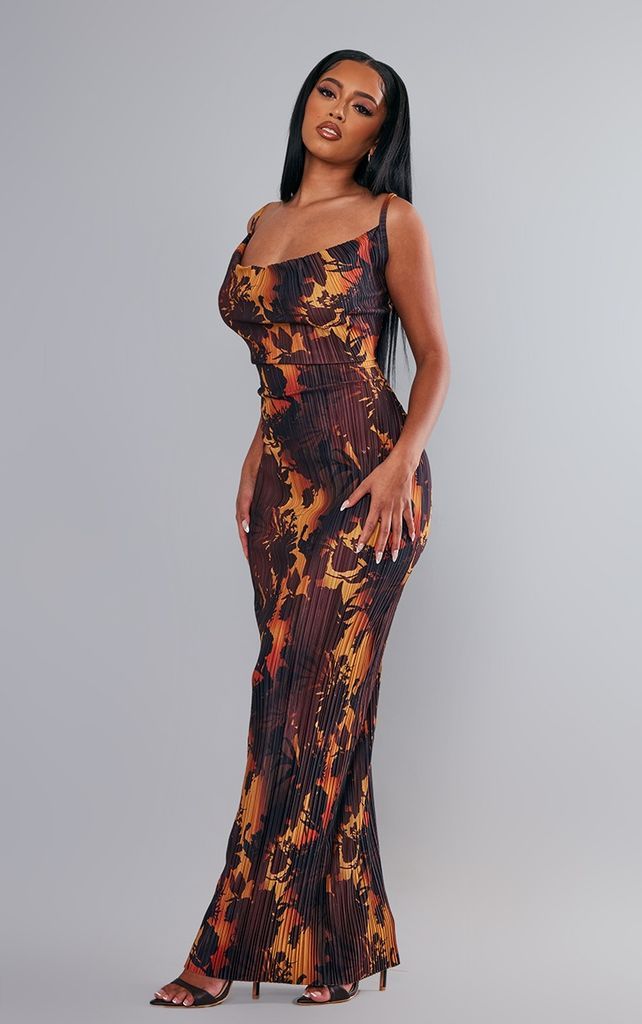 Brown Floral Ombre Plisse Strappy Maxi Dress, Brown