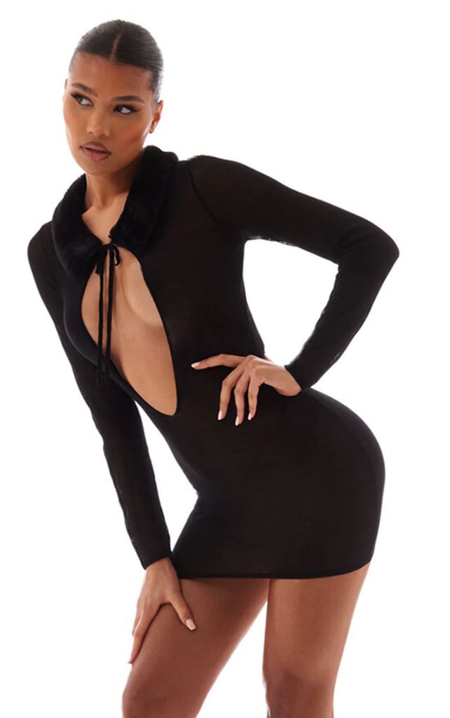 Black Faux Fur Collar Sheer Knit Mini Dress, Black