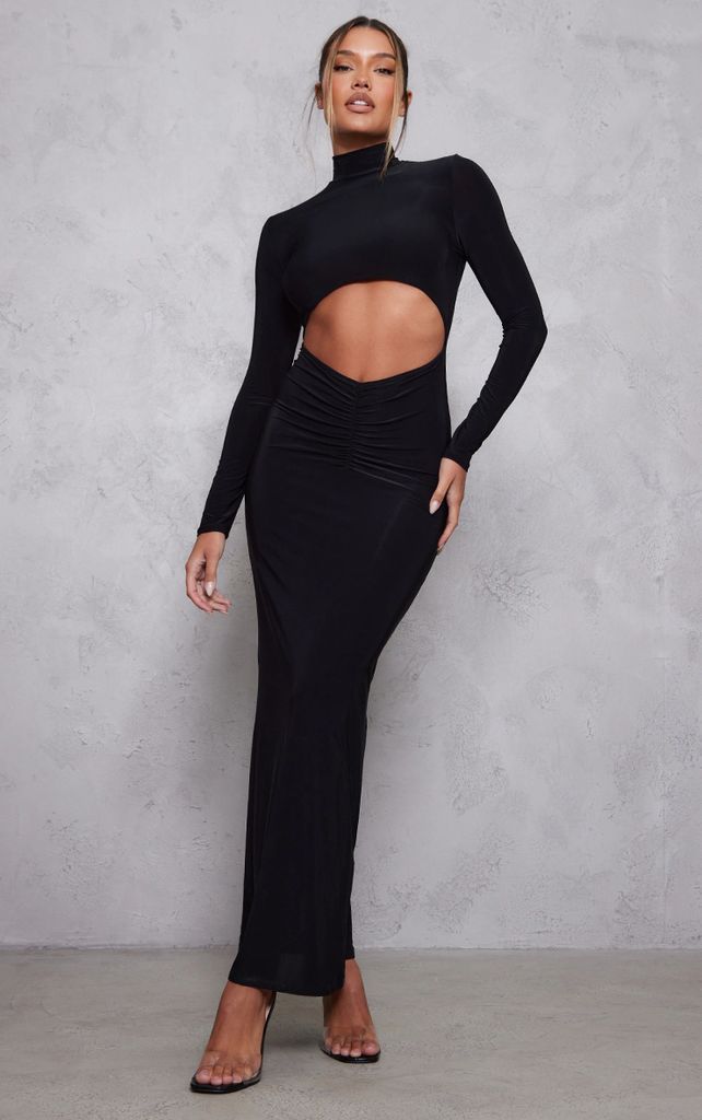 Black Slinky Cut Out Ruched Waist Long Sleeve Maxi Dress, Black
