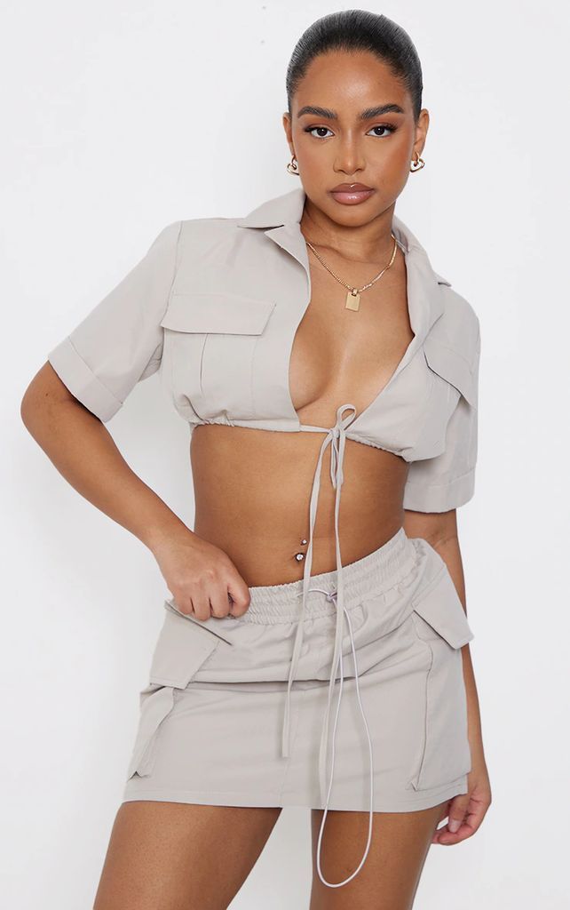 Petite Stone Tie Front Cropped Shirt, White