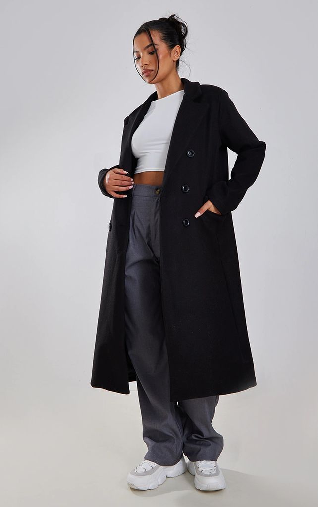 Black Double Breasted Wool Look Overcoat, Black
