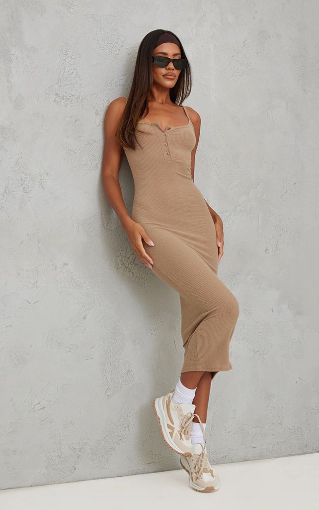 Taupe Button Front Brushed Rib Strappy Midaxi Dress, Brown