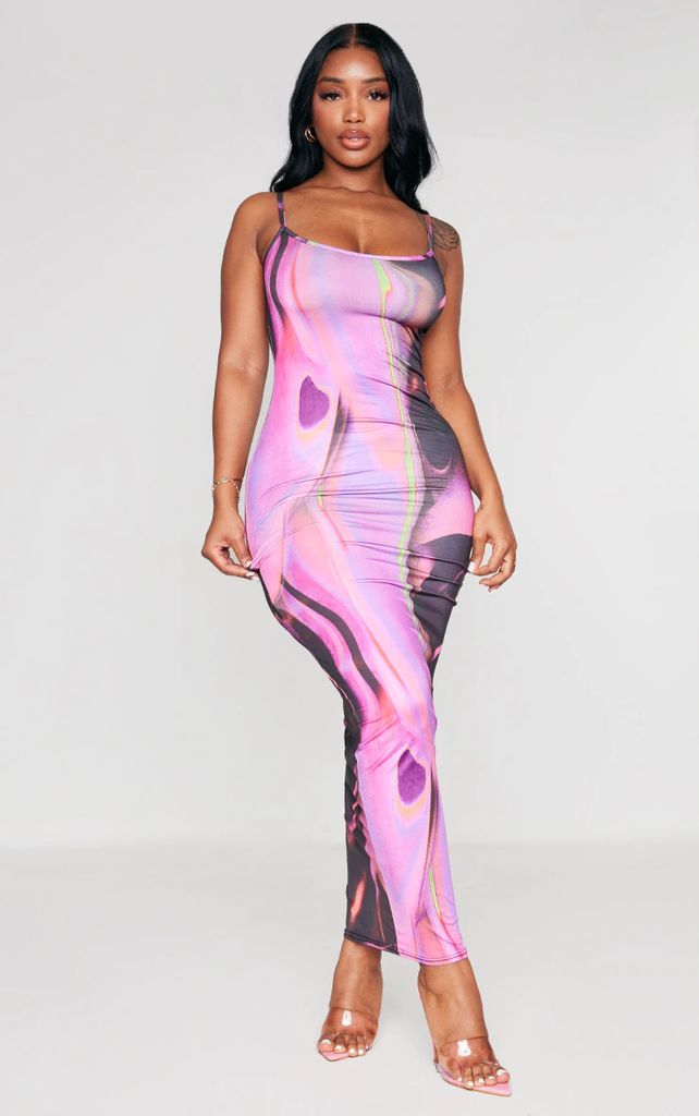 Shape Pink Abstract Print Slinky Spaghetti Strap Midaxi Dress, Pink