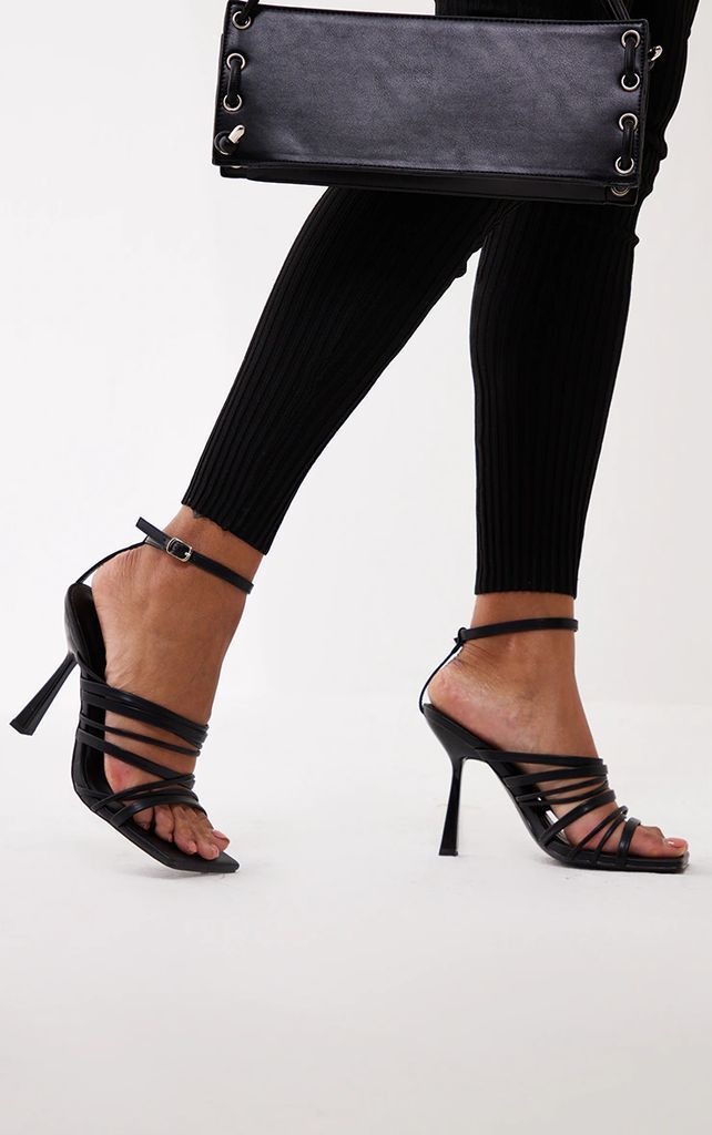Black Strappy Square Toe Heeled Sandal