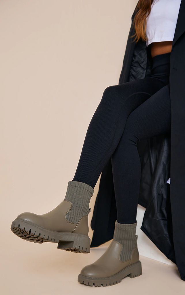 Khaki PU Round Toe Knitted Contrast Chunky Sole Ankle Boots