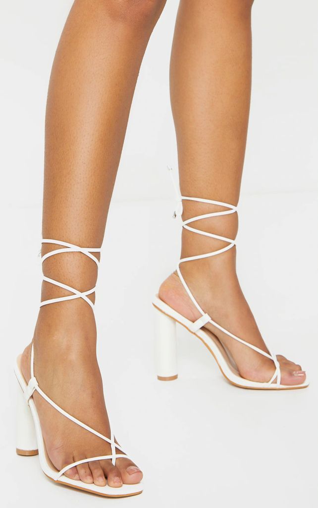 White Cylinder Strappy Toe Thong Heeled Sandals