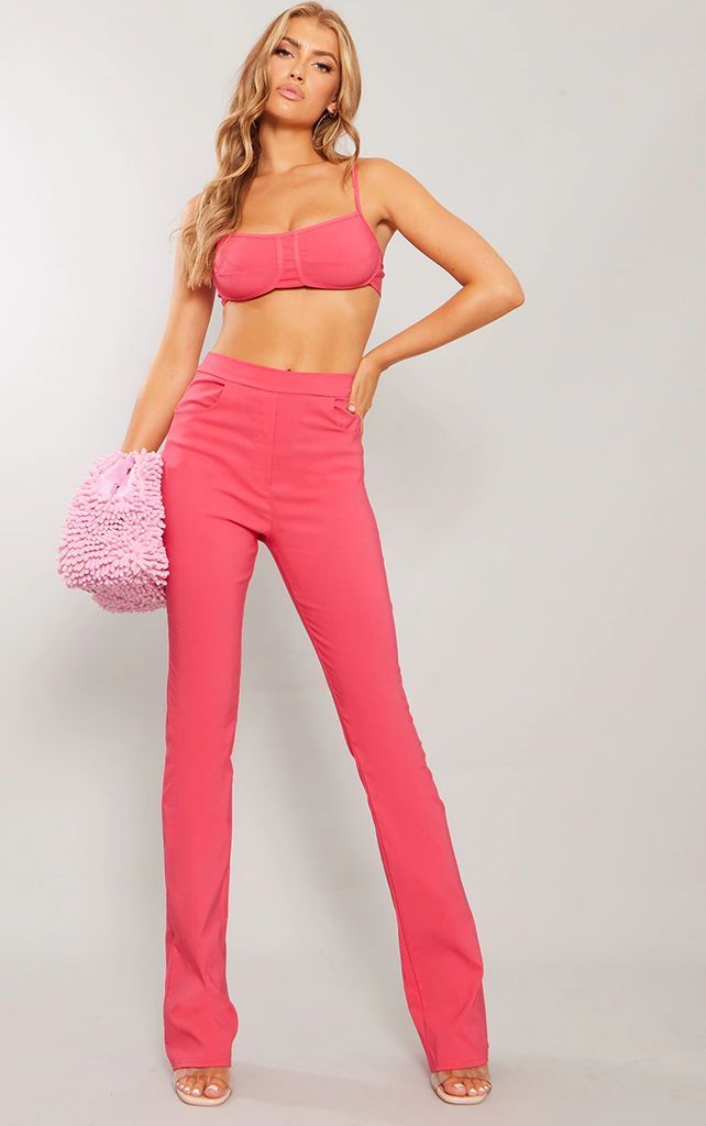 Hot Pink Stretch Woven Seam Front Straight Leg Trousers