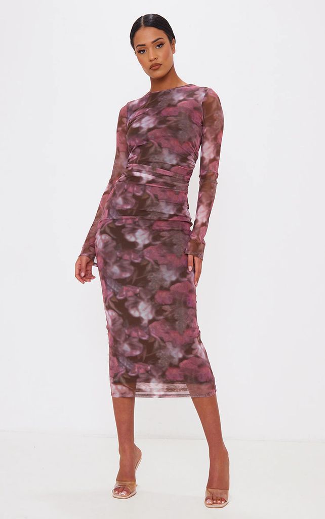 Tall Pink Floral Print Ruched Midaxi Dress, Pink