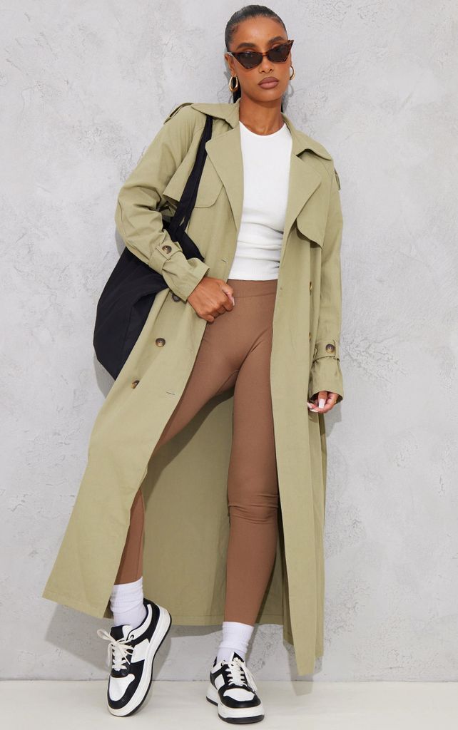 Khaki Panel Detail Belted Trench Coat, Green