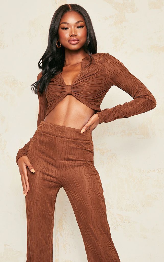 Chocolate Pleated Jersey Twist Front Crop Top