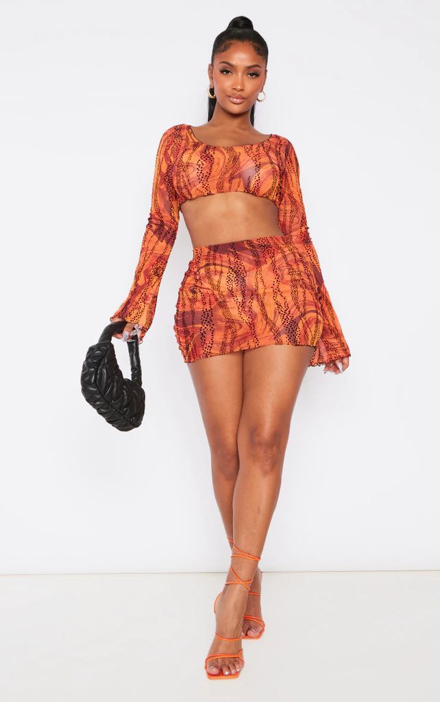 Shape Orange Swirl Print Flocked Mesh Mini Skirt