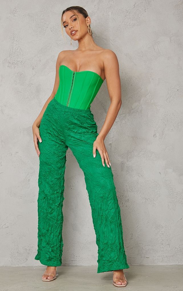 Bright Green Textured Crinkle Wide Leg Trousers