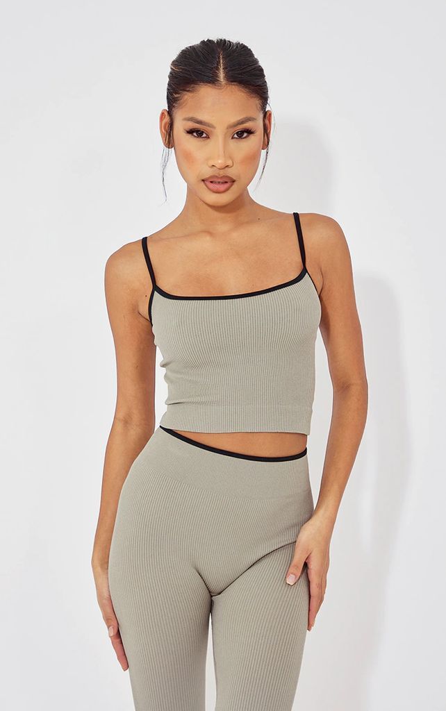 Stone Contrast Structured Contour Rib Strappy Crop Top