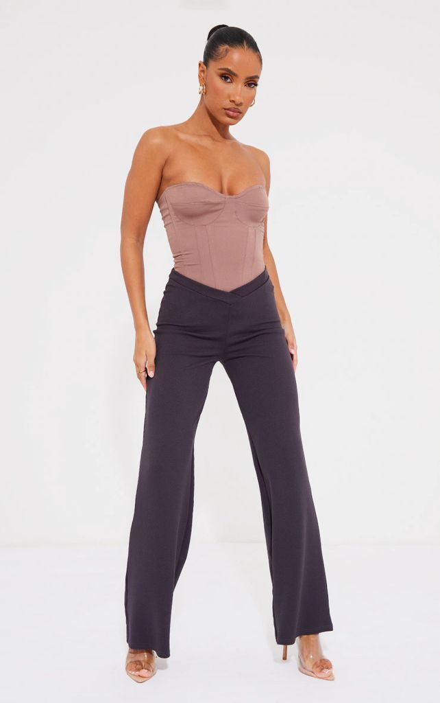 Charcoal Grey Crepe Dipped Waist Wide Leg Trousers